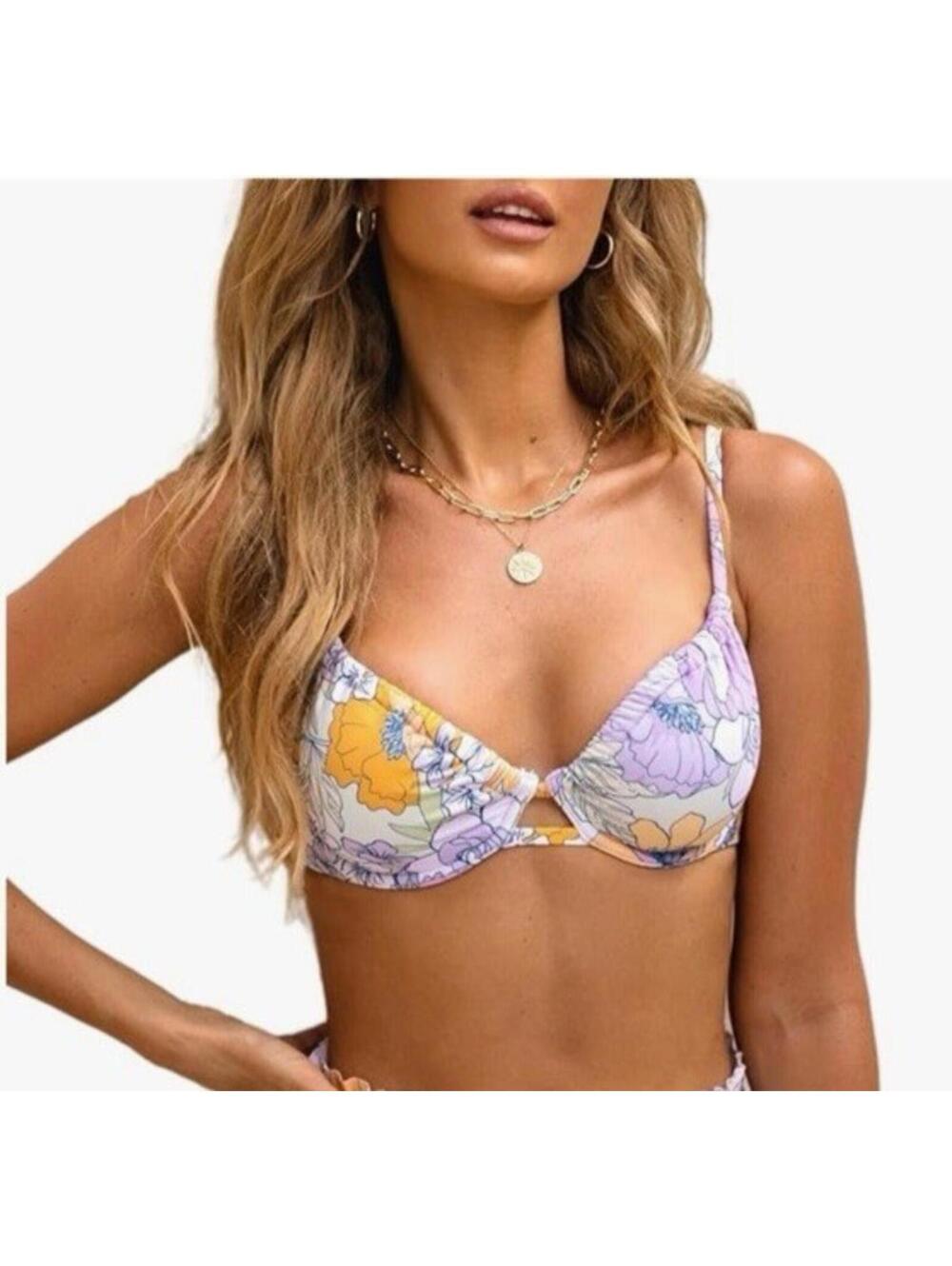 CUPSHE Womens Swimsuit Bikini Top Only Medium M Floral Purple Yellow Underwire